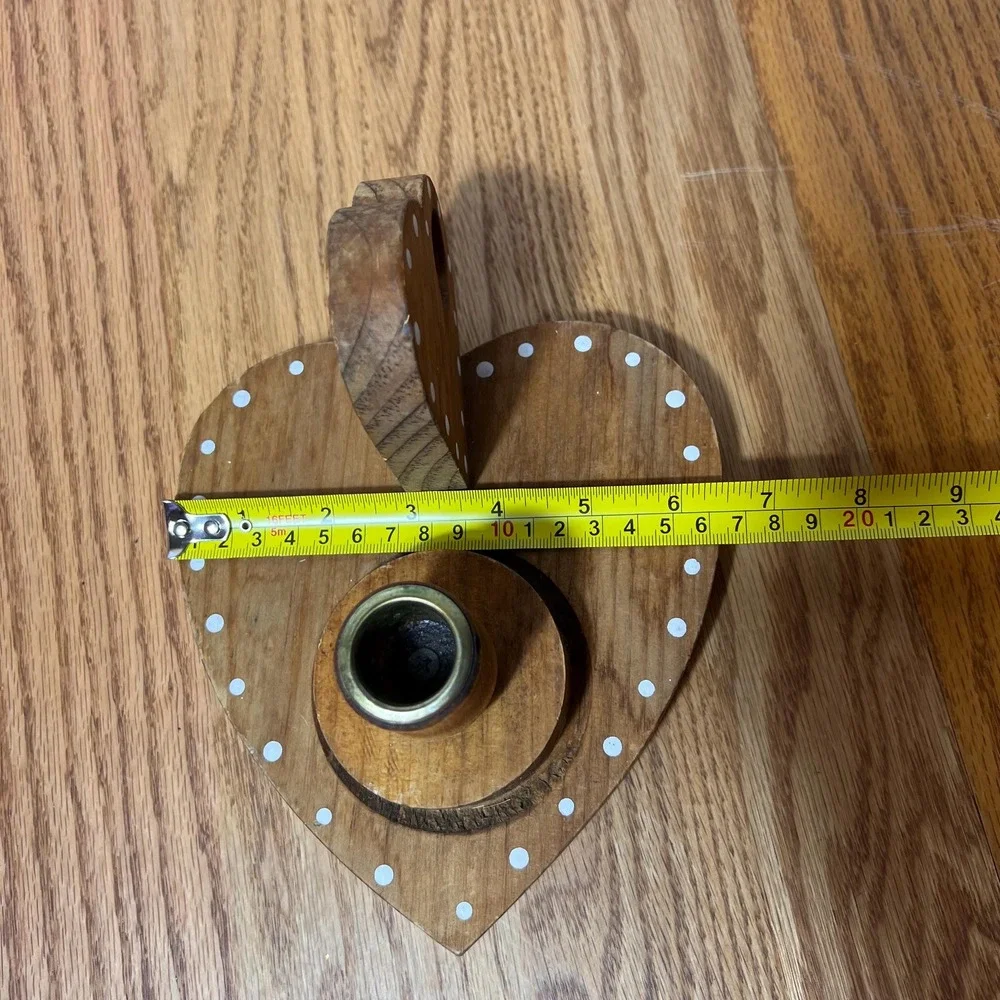 Vintage Wooden Heart Candle Holder Folk Art Polka Dot Wood Candlestick cottage